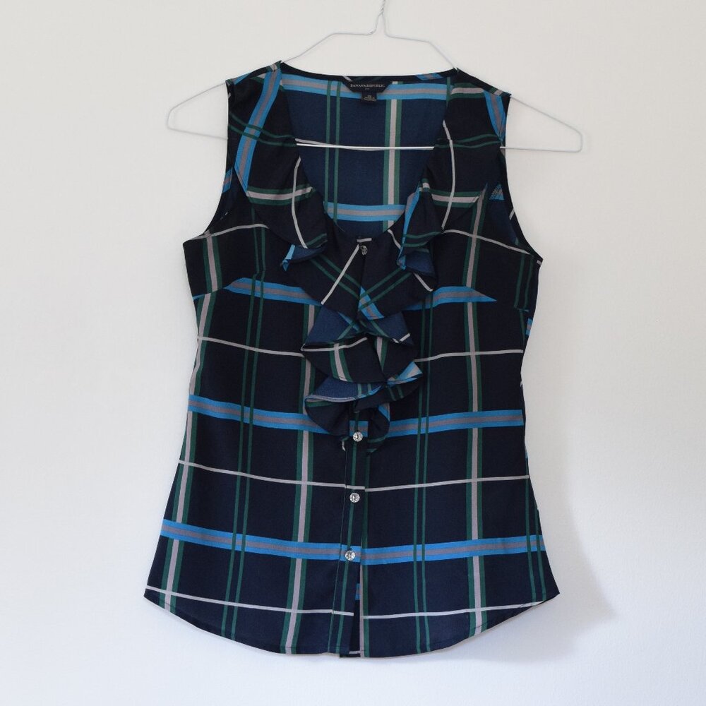 BANANA REPUBLIC Women's Navy Plaid Button Up Blouse | Size XS